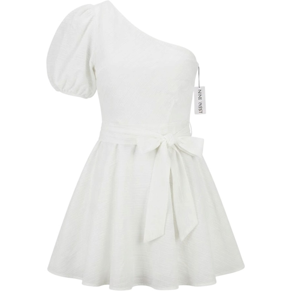 NWT Nine West Womens White One Shoulder Puff Sleeve Tie Waist Mini Dress Size M